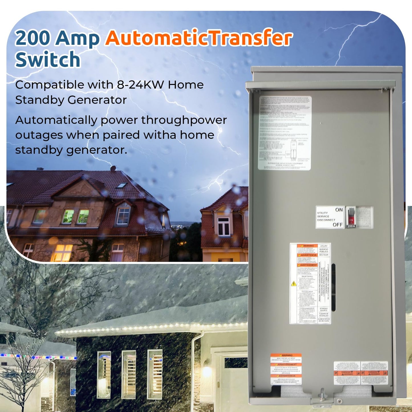 RXSW200A3 200 Amp Automatic Transfer Switch w/Power Management Replacement for Generac, Service Entrance Rated, NEMA 3R Aluminum Enclosure