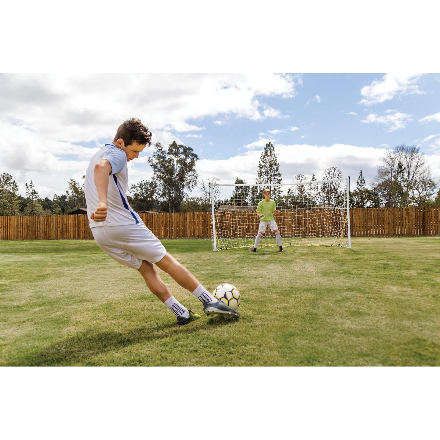 SKLZ Quickster Soccer Goal 12' x 6' - Portable Goal for Backyard & Field - Durable Tension-Tite Frame & Heavy Gauge 2-Ply Net - Adjustable Click-Lock Poles, Metal Stakes - Carrying Case with Handle
