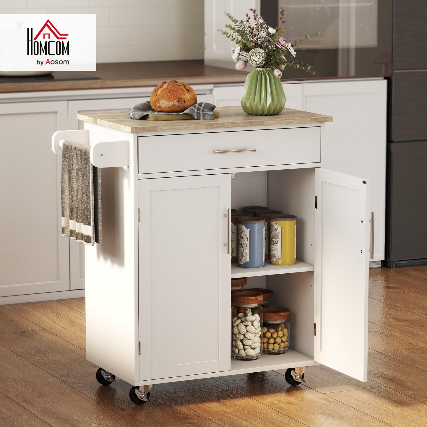 HOMCOM Kitchen Island Cart, Rolling Island Table with Solid Wood Top, Trolley Cart with Drawer, Storage Cabinet & Towel Rack, White