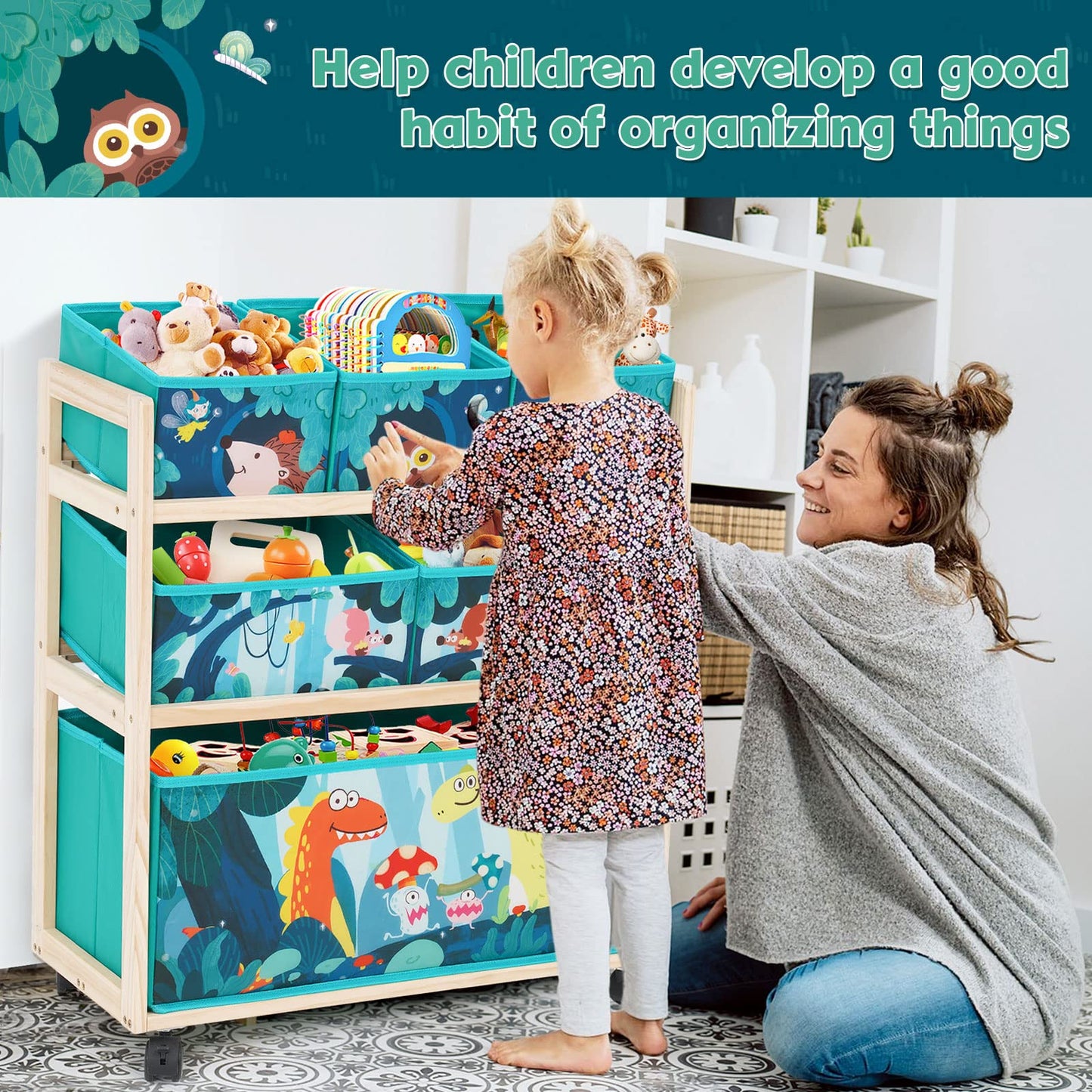 Jomifin Kids Toy Storage Organizer with Wheels, Utility Rolling Cart with 6 Removable Storage Bins for Bedroom, Playroom, Nursery, Large Capacity Pine Wood Shelf Unit for Toys, Books, Blankets (Green)