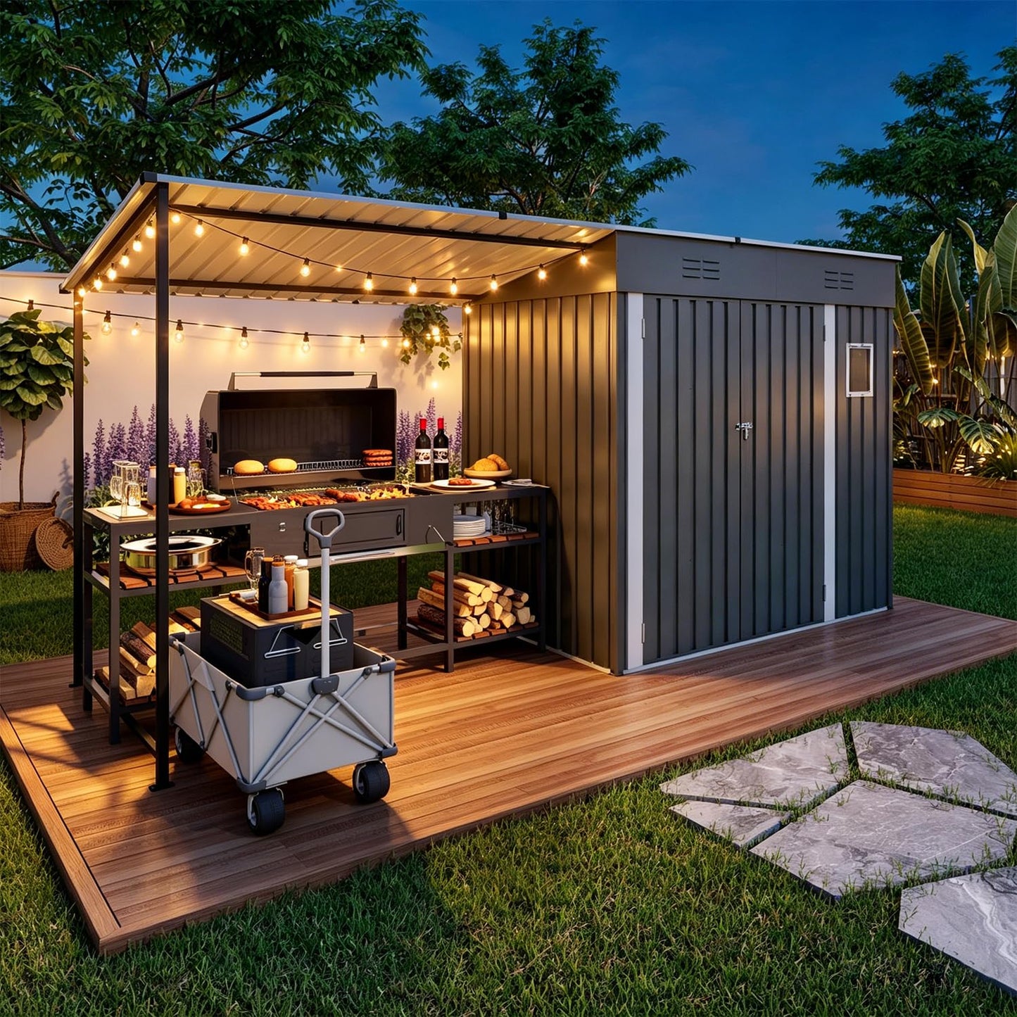 Praxatek 2-in-1 Metal Outdoor Storage Shed with Hardtop Pergola, 4x12 Ft, Gray, Sloped Roof, for Backyard, Patio, Garden