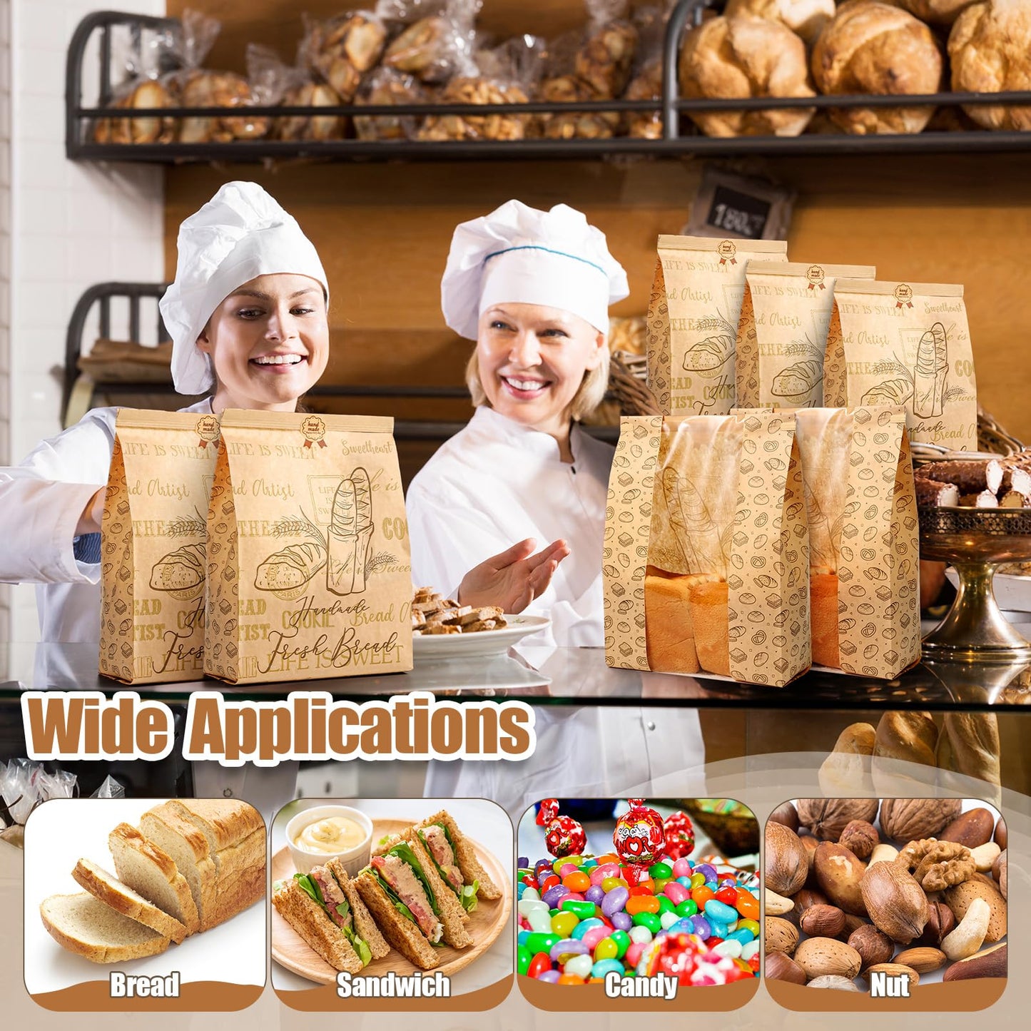 Feifeiya 150 Pack Kraft Paper Bread Bags for Homemade Sourdough Bread Bag with Clear Window 13.7 x 8.2 x 3.5 Large Bakery Packaging for Treat Storage Gift Giving with Seal Sticker