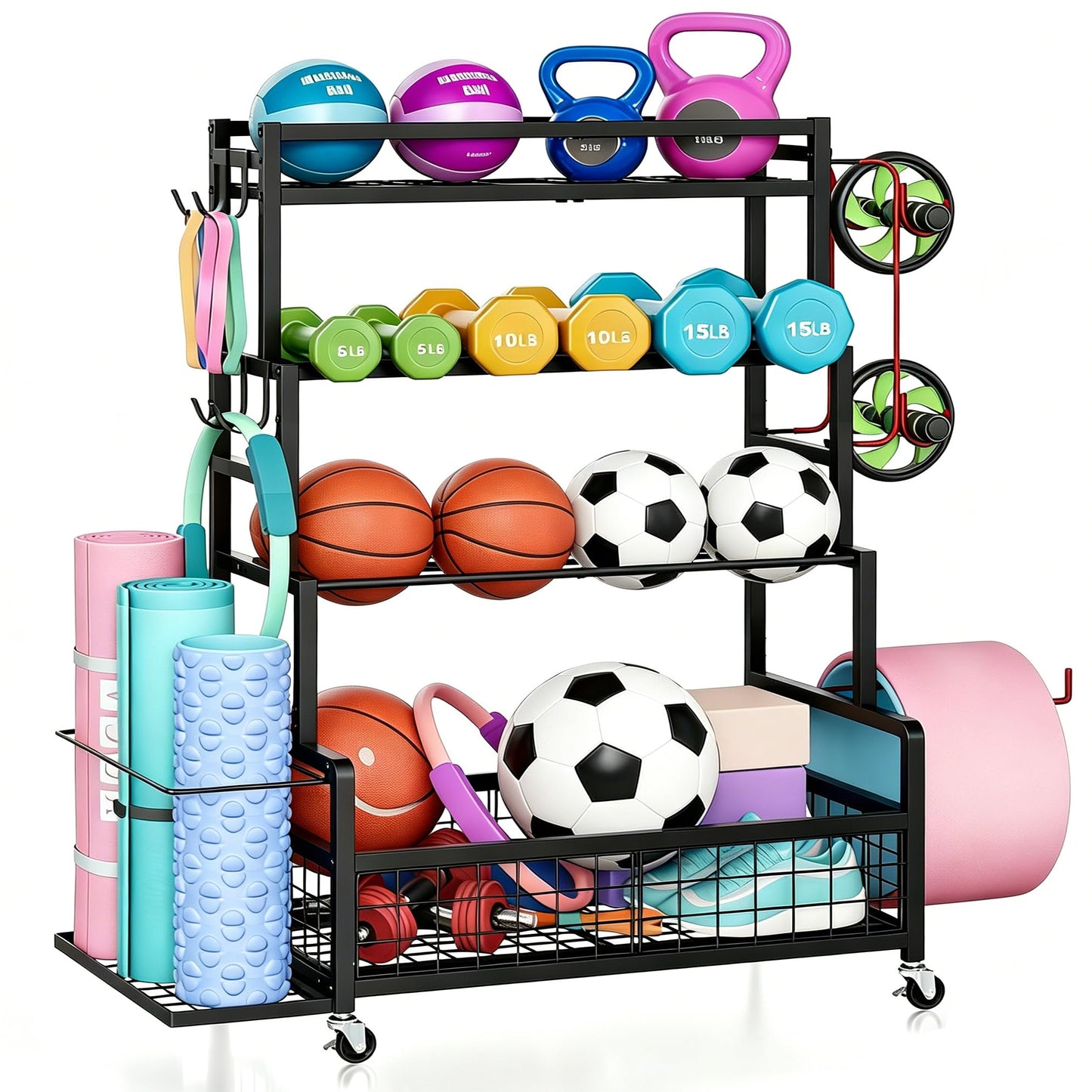 Dumbbell Rack,Home Gym Storage Rack,Total Weight Capacity 490 lbs,Weight Rack with Wheels/Strength Training Equipment Storage Rack with Hooks,Stores Dumbbells,Kettlebells,Yoga Mats