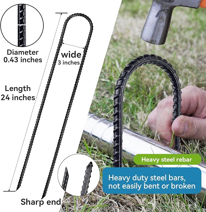 Trampoline Ground Anchors 24-Inch Heavy Duty U Rebar Stakes for Trampoline, Dog Fence, Black Antirust Coated (16 Pcs)
