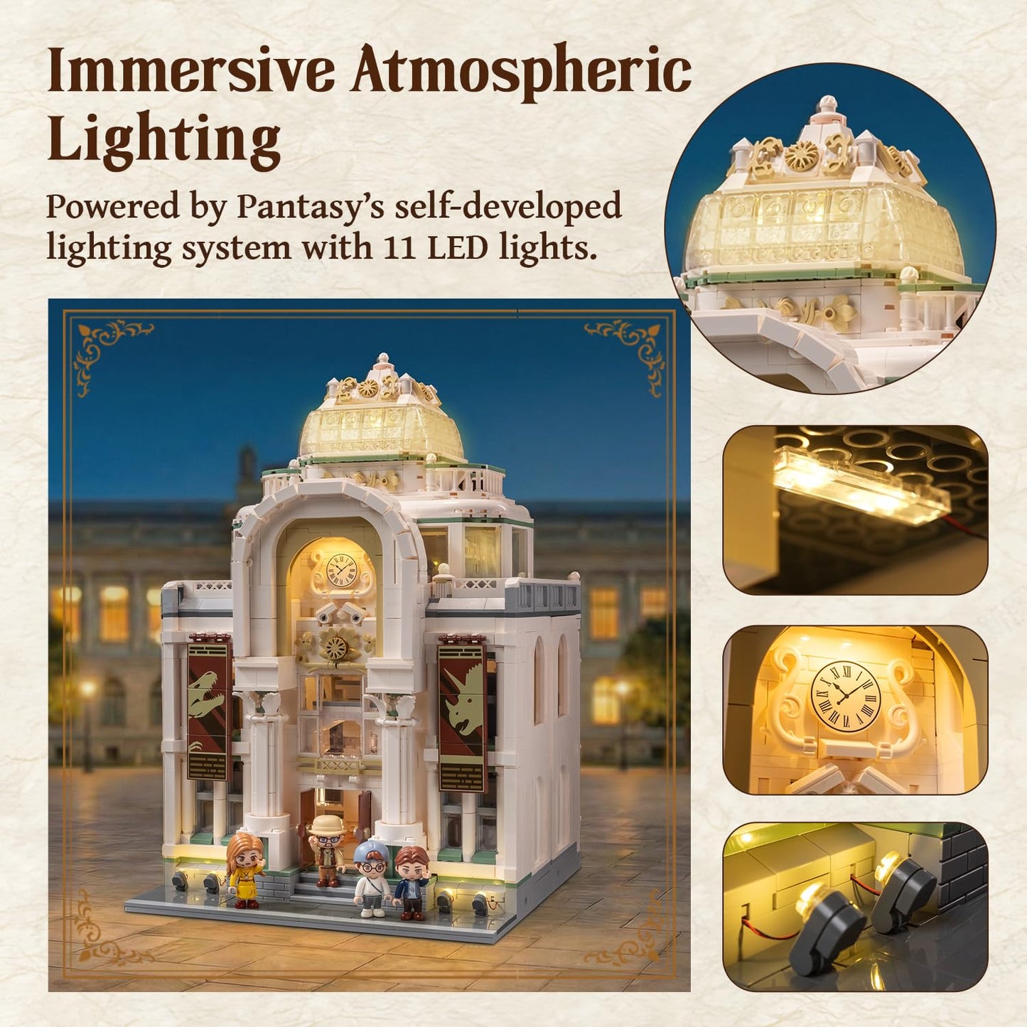 PANTASY Light Up Dinosaur Museum Building Blocks, Baroque Architecture Expandable Double Hall Model, Modular Building Set, 11 Lights, Street View Compatible Collectible Interactive Display Set