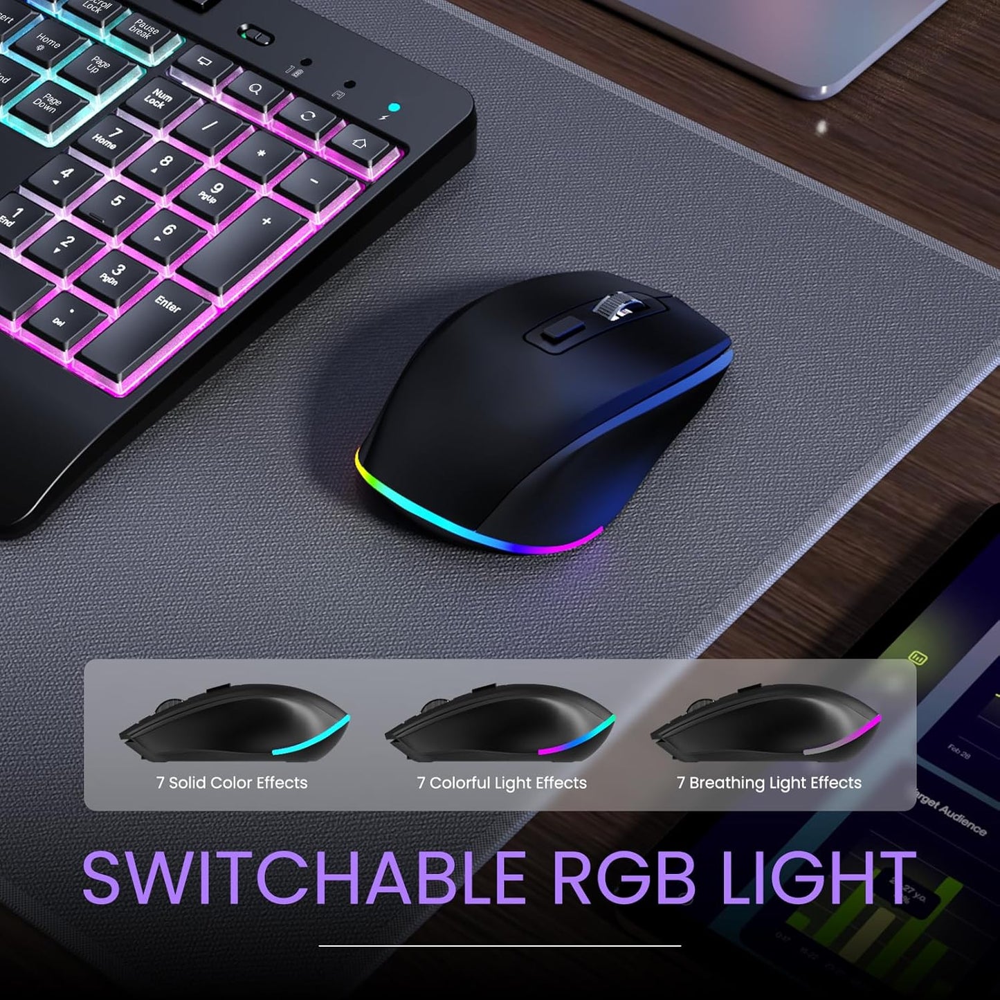 VEILZOR 2.4G 9 Set Wireless Keyboard and Mouse Combo- Rechargeable Keyboard with Phone Holder, Ergonomic Wrist Rest