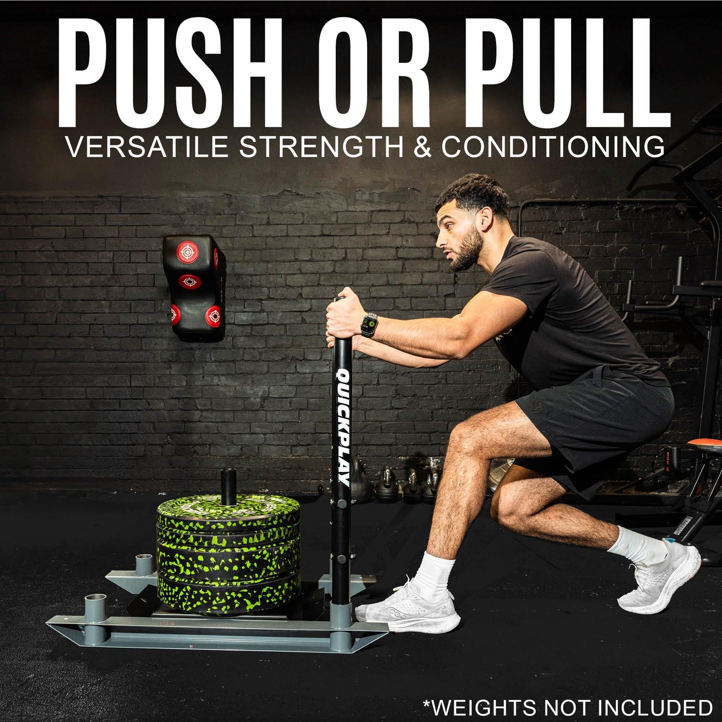 QUICKPLAY Weighted Push/Pull Sled - Heavy Duty Steel Strength & Conditioning Sled - Build Explosive Power, Speed & Agility - Folding, Compact Design - for 50mm Olympic Plates (Full Sled)