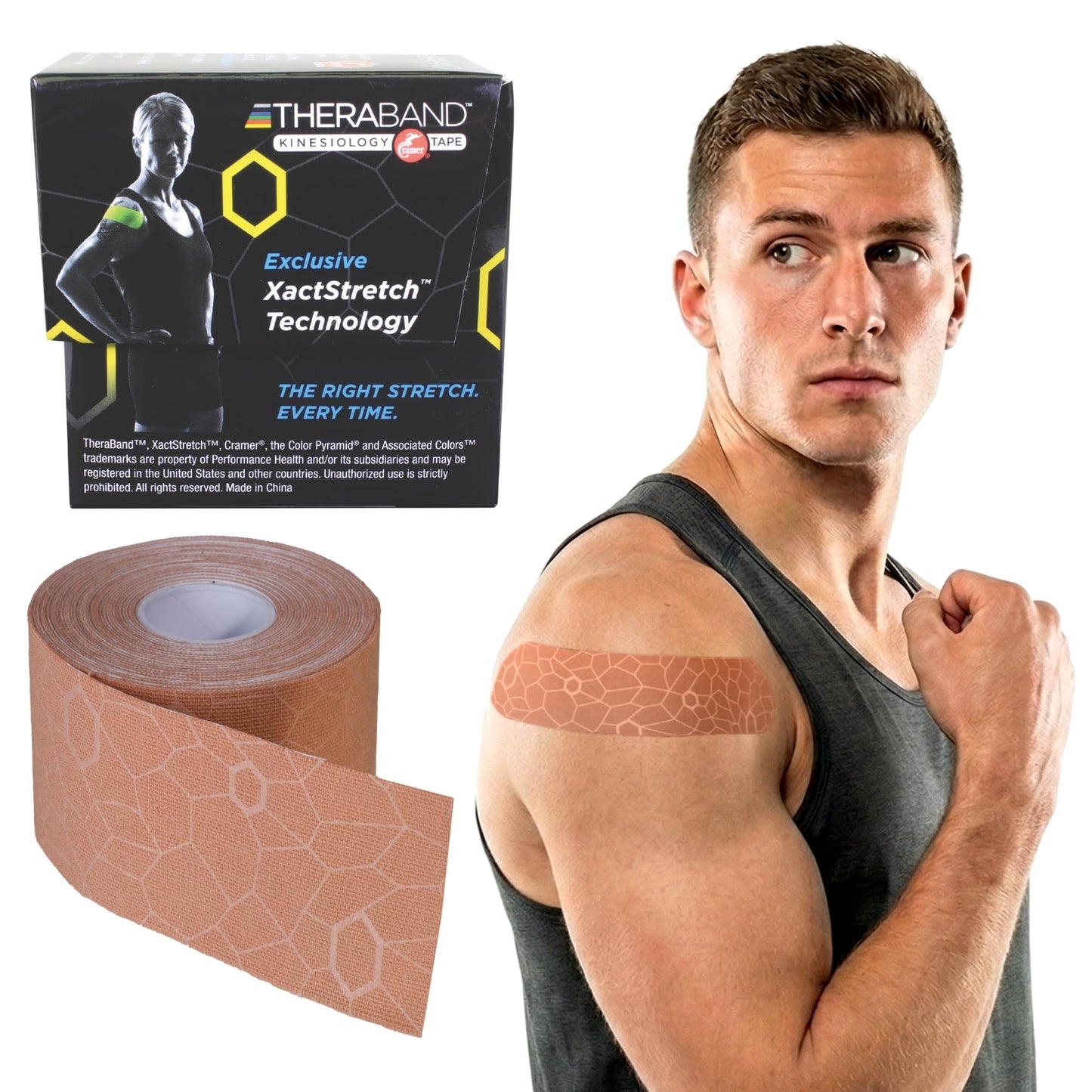 THERABAND Kinesiology Tape, Waterproof Physio Tape for Muscle & Joint Support, Standard Roll with XactStretch Application Indicators, 2 Inch x 16.4 Foot Roll, Beige/Beige