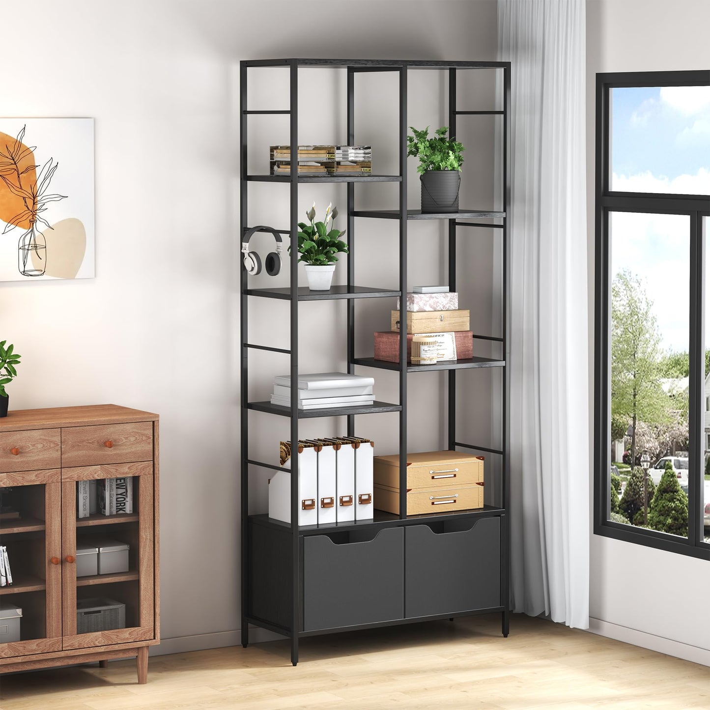 ZERDER 5 Tier Bookshelf, Bookcase with 5 Shelves, Storage Rack Organizer, Corner Wood Storage Shelf with Metal Frame for Bedroom, Living Room (Black)