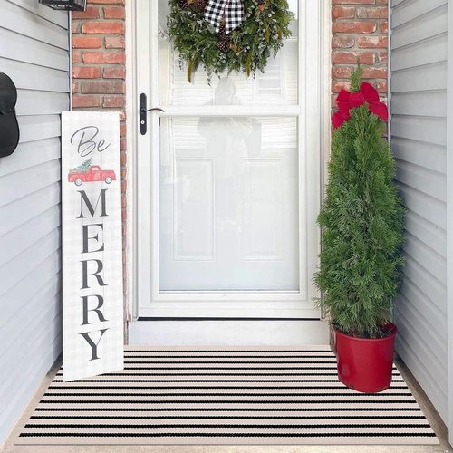 LEEVAN Outdoor Rug Runner - Black and White Striped Cotton Woven Doormat | 2x4 ft Washable for Home & Porch