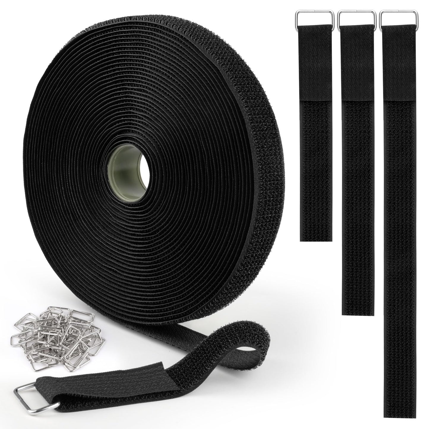 Opvixi Hook and Loop Straps 1inch x 32ft with 50 Metal Buckles, Cut to Length Cinch Straps Heavy Duty, Adjustable Fastening Cable Straps, Reusable Nylon Securing Cord Ties for Organizer, Black