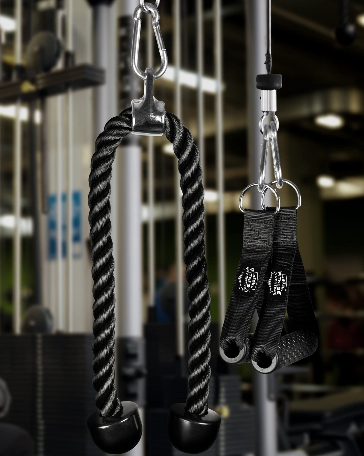 Fitness Invention Tricep Rope Cable Attachment 35" - Cable Machine Handles 2X - Carabiner Clips 3X - Tricep Pull Down Rope for Gym