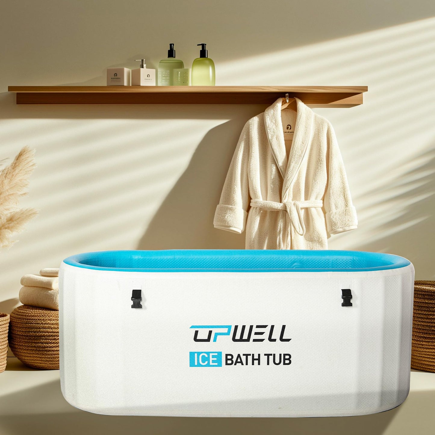 UPWELL Cold Plunge Tub Large Portable Oval Inflatable Ice Bath Tub with Cover for Cold Water Athletes Large Baths for Therapy Recovery at Home or Outdoors Ice Plunge Blue and White