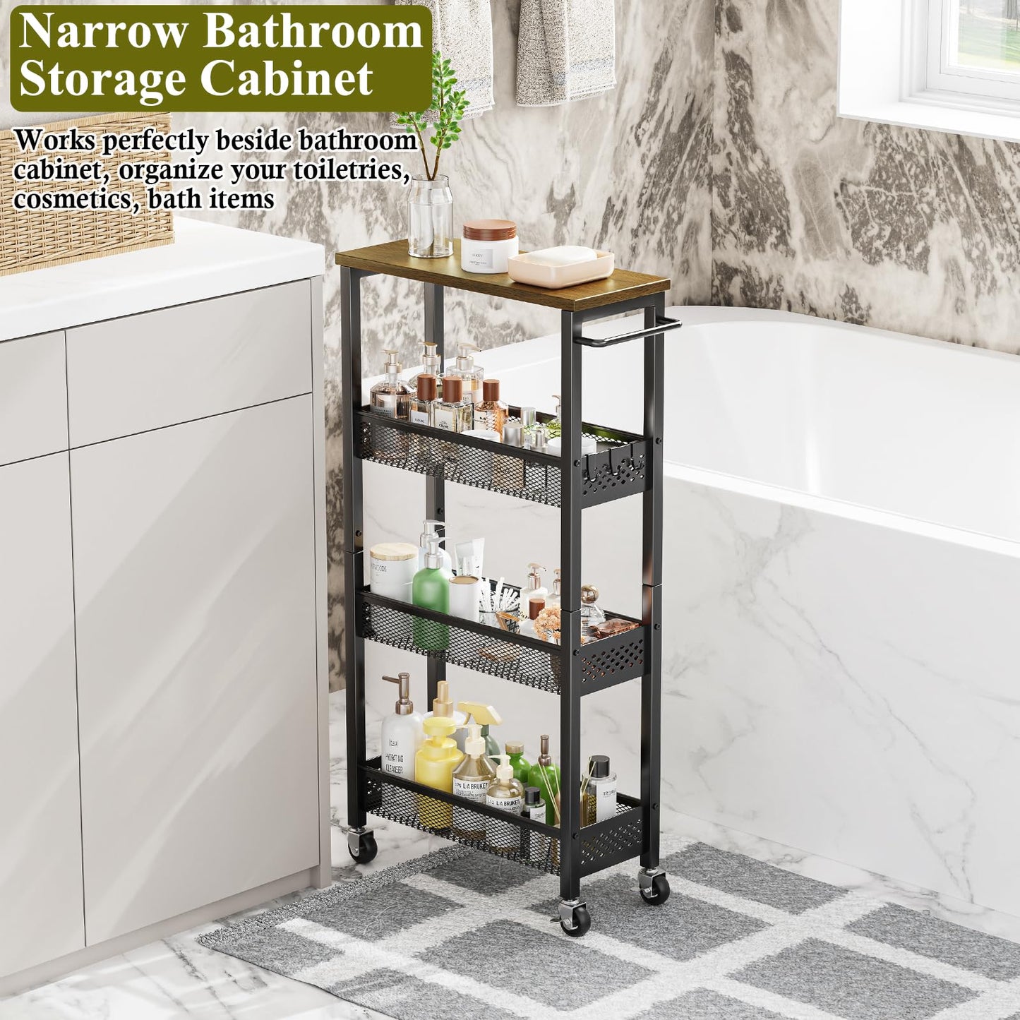 OKZEST Utility Slim Storage Cart, 4 Tier Small Rolling Kitchen Laundry Room Cart with Wood Top, Metal Narrow Bathroom Storage Cabinet Mobile Shelf Unit Organizer Trolley with Handle for Narrow Space