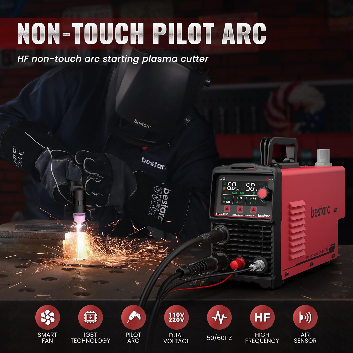 bestarc Pilot Arc Plasma Cutter, [LED Display][Air Sensor] 50A Plasma Cutter Machine 110/220V Dual Voltage, 1/2'' Clean Cut 3/4 Inch Max Cut, Post Flow Mesh, 2T/4T for Beginners DIY, Red