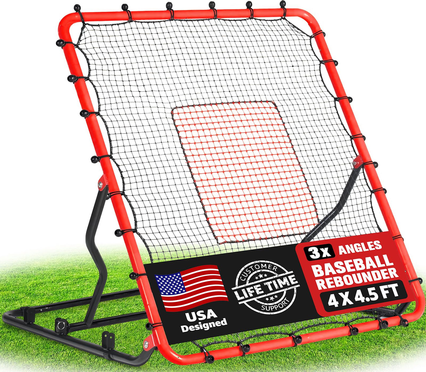 Baseball Rebounder Net, 3 Adjustable Angles 4x4.5FT Pitch Back Baseball Softball Volleyball Rebounder with 2 Strike Zones, UV Resistant, Pitchback Trainer for Ground, Line Drive & Fly Balls