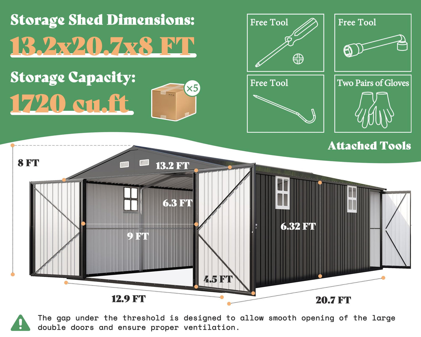 AMERLIFE 13x21x8 FT Metal Garage Shed, Extra Large Outdoor Storage Shed with Double Hinged Doors, 4 Windows, Heavy Duty Carport for Cars, Boats, Trucks and Equipment Storage, Dark Gray