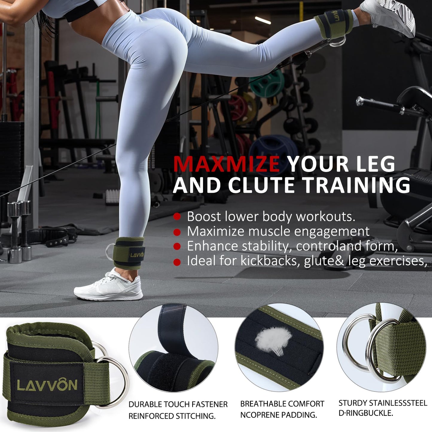 Squat Pad Set - Foam Barbell Pad for Squats Cushion, Lunges & Bar Padding for Hip Thrusts -Standard Olympic Weight Bar Pad,Gym Accessories for Women(Ankle Straps,Wrist Straps for Weightlifting)(Army-Green)