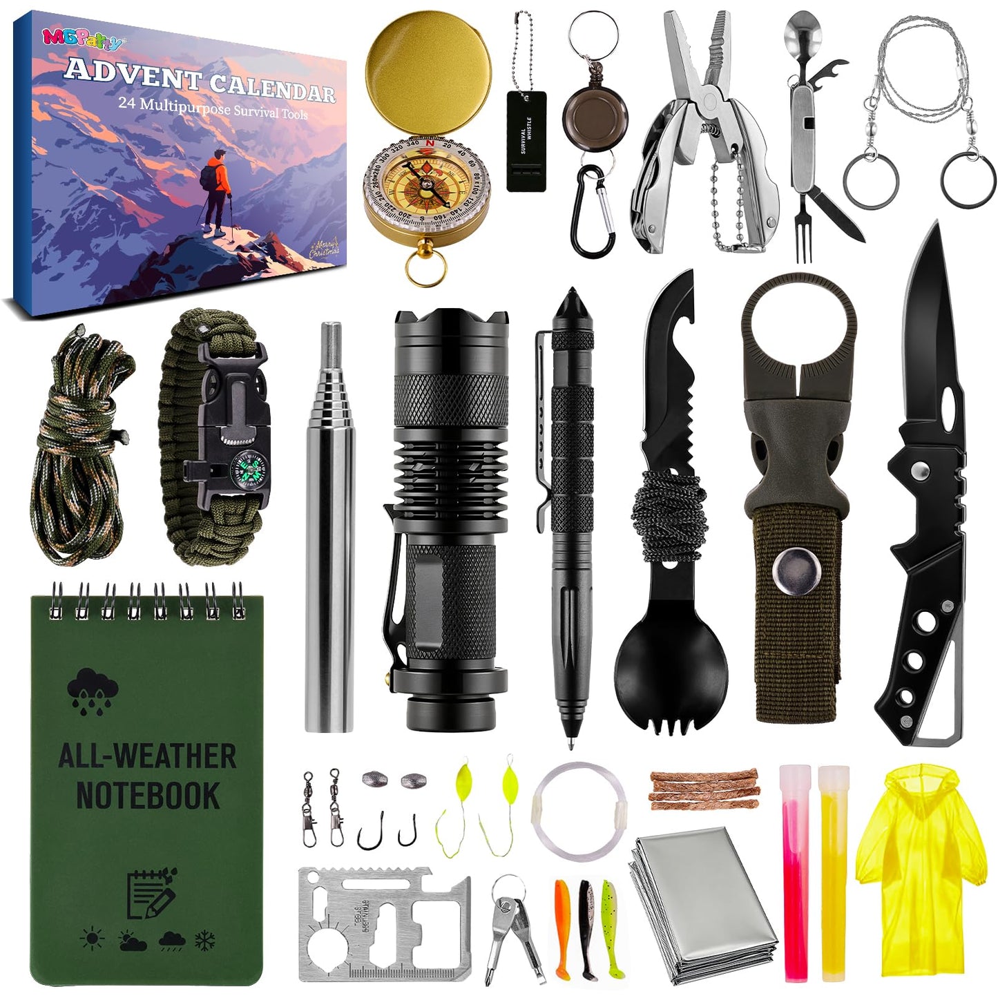 Survival Kit Advent Calendar 2025, 24 Days Outdoor Camping Gear Advent Calendar for Men, Tactical Emergency Survival Tools Gift Set for Dad Him Hunters Hikers Preppers Christmas Countdown Box