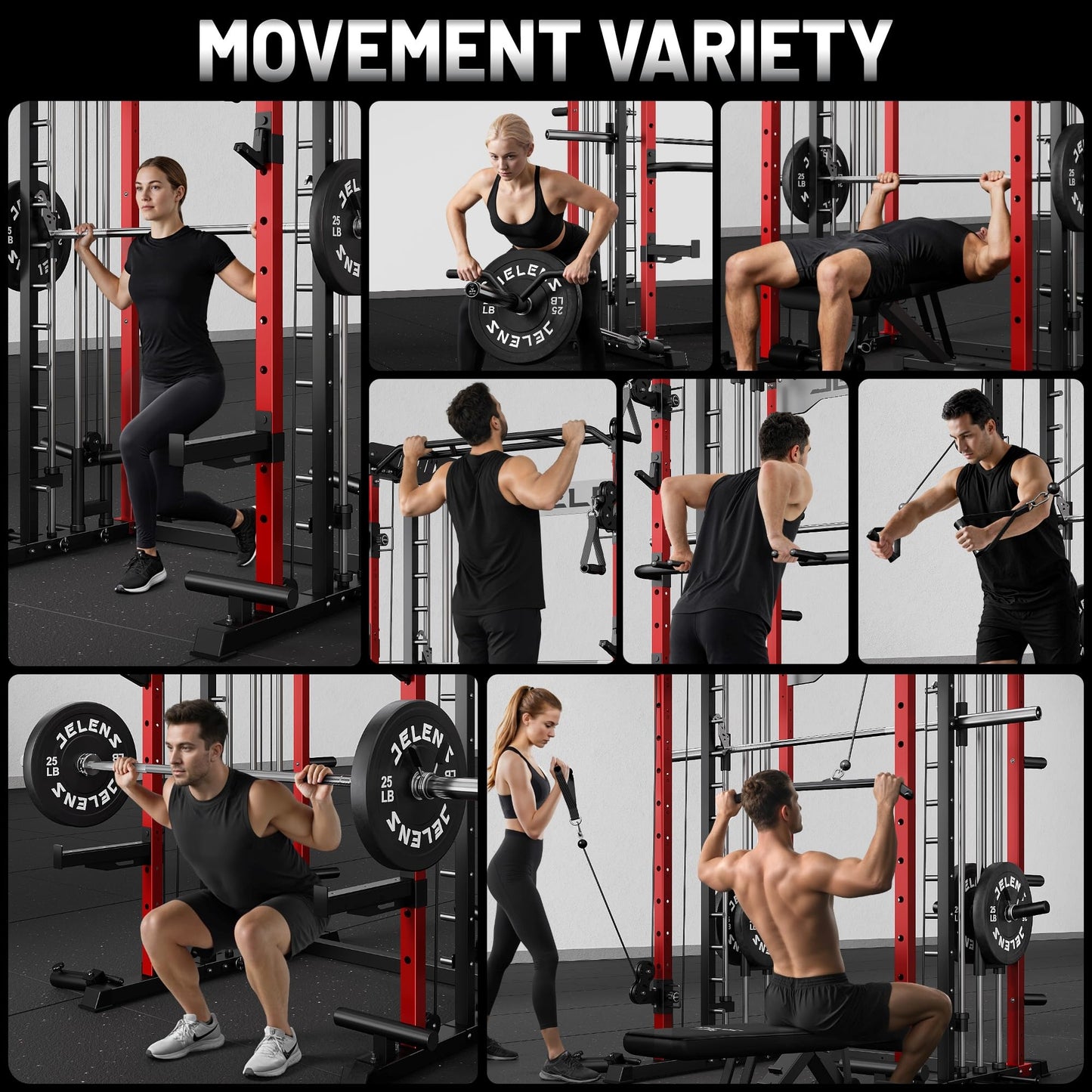 JELENS Smith Machine for Home Gym, Multi-Function M12 Power Cage, Squat Rack with Smith Bar and More Attachment (Red, Weight Bench Package)