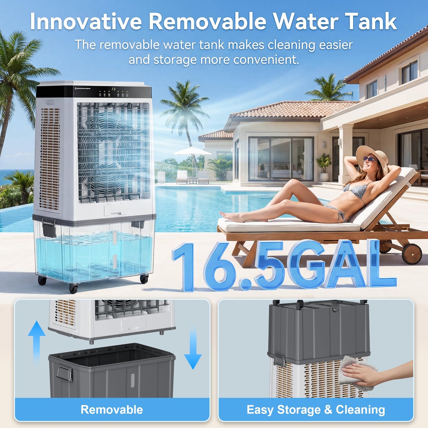 AKIRES 45" Large Swamp Cooler,5100 CFM Evaporative Air Cooler,16.5 Gal Water Tank Portable Air Cooler,120°Oscillation with Remote Control,12H Timer,3 Modes & Wind Speeds for Outdoor Indoor Use,Black