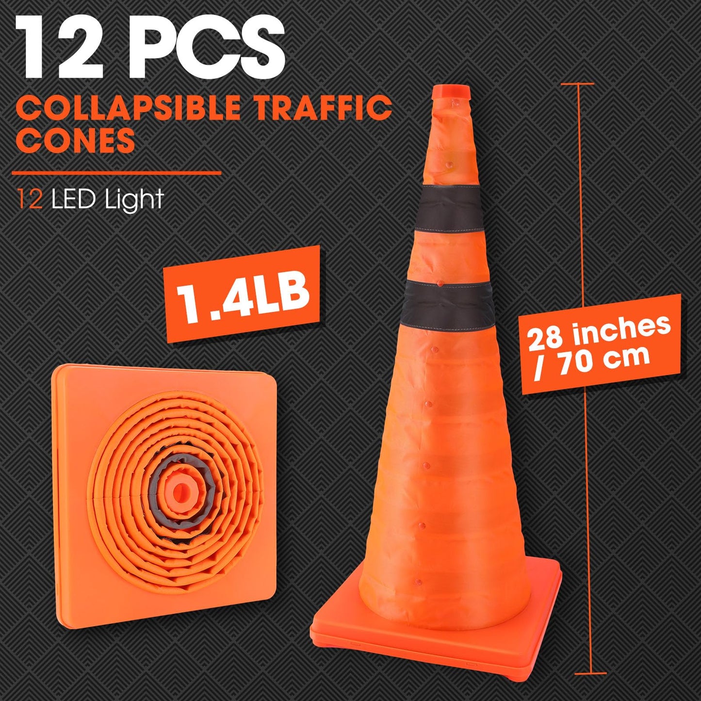 Paterr 12 Pack Collapsible Traffic Cones with LED Light, Multi Purpose Pop up Extendable Road Parking Cones, Safety Cones with Reflective Collar(28 Inch)