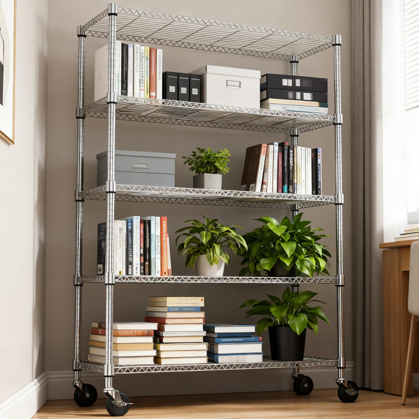 M MZG 1750LBS 47.2" W 5 Tiers Storage Shelves Metal Shelving Unit with Wheels Heavy Duty Garage Shelving Adjustable Wire Shelves for Pantry,Kitchen,Garage,Basement,Chrome 17.7" D x 47.2" W x 76.8" H