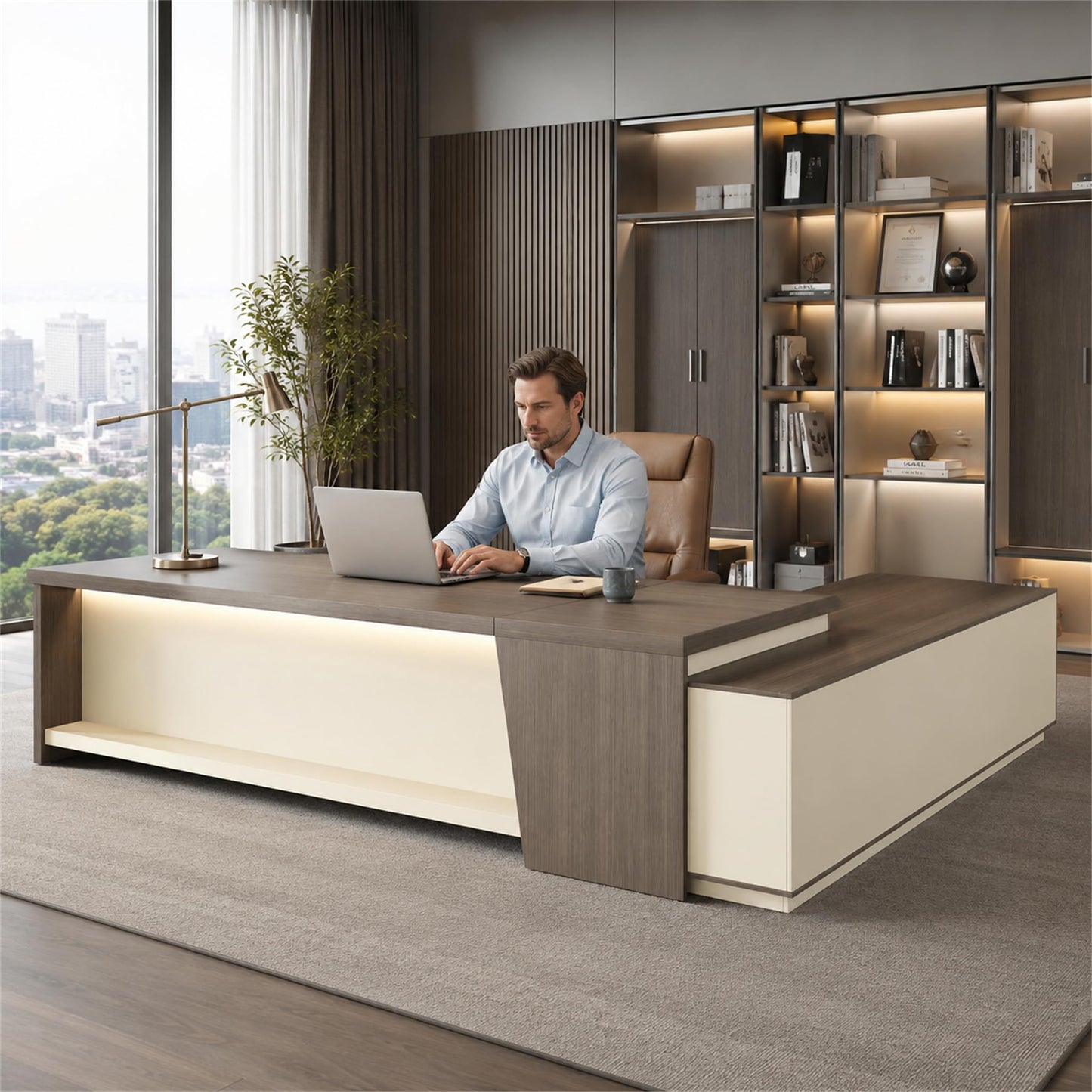 ZIMASYA 79 Inch L Shaped Executive Office Desk with Storage Cabinet, Left Return Desk with 2 AC Outlets and 2 USB Ports, Lockable Drawer, Cable Management Box, Smoked Gray and Off White