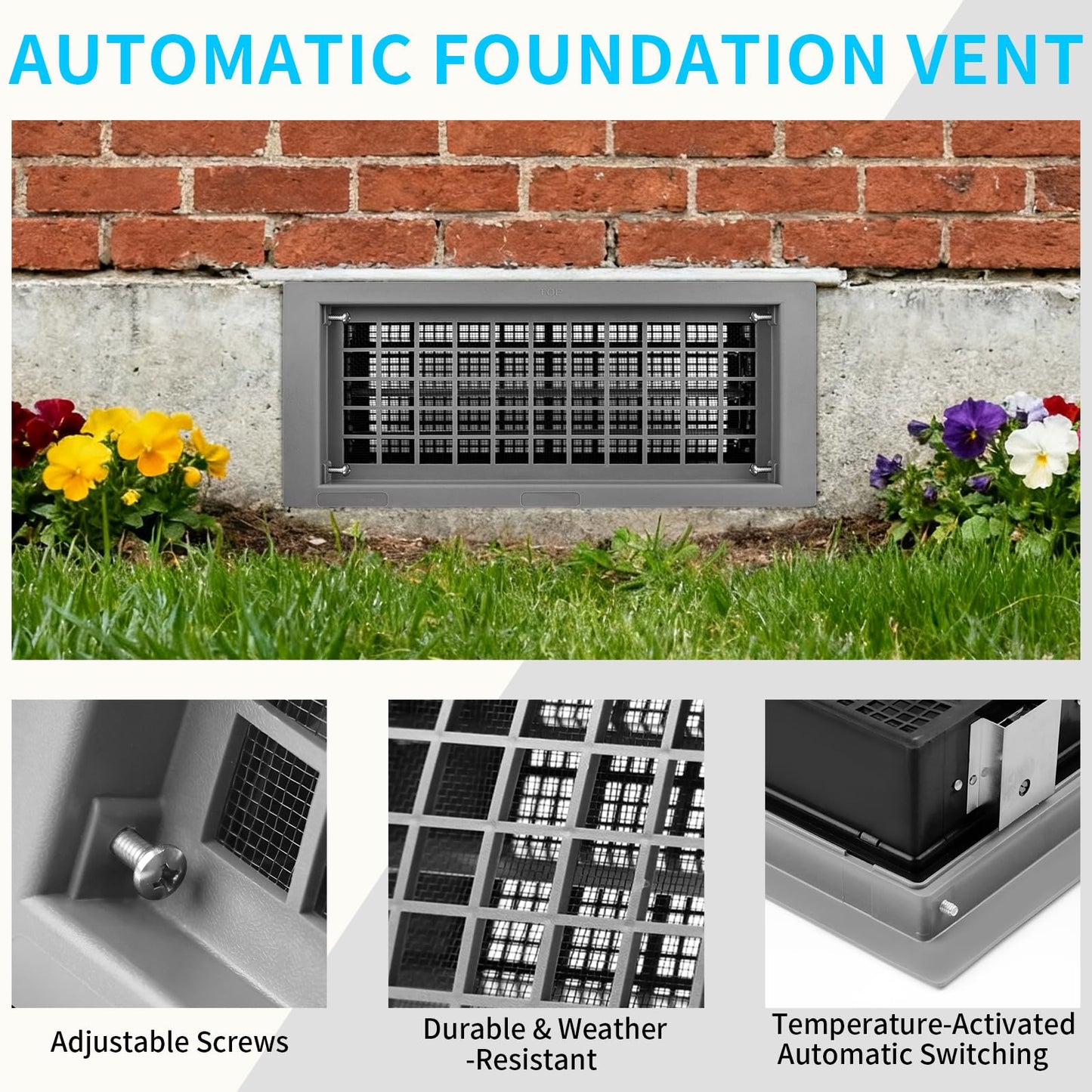 ZXQDRE Foundation Vent for Crawl Space Automatic, 8x16 Inch Auto Open/Close Foundation Vent Cover for Freeze Protection & Energy Saving | Easy Install Crawlspace Vents Replacement (Gray, 6 Pack)