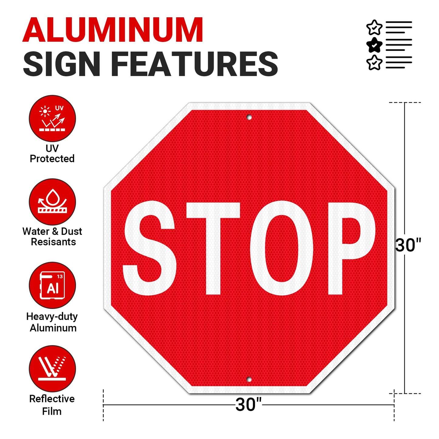 Large Stop Sign, 3 Pack 30 x 30 Inches High Intensity Prismatic Aluminum 80 MIL Stop Signs- Honeycomb Reflective Street Road Sign, UV Protected and Weather Resistant, 2 Pre-drilled Holes- Easy to Install