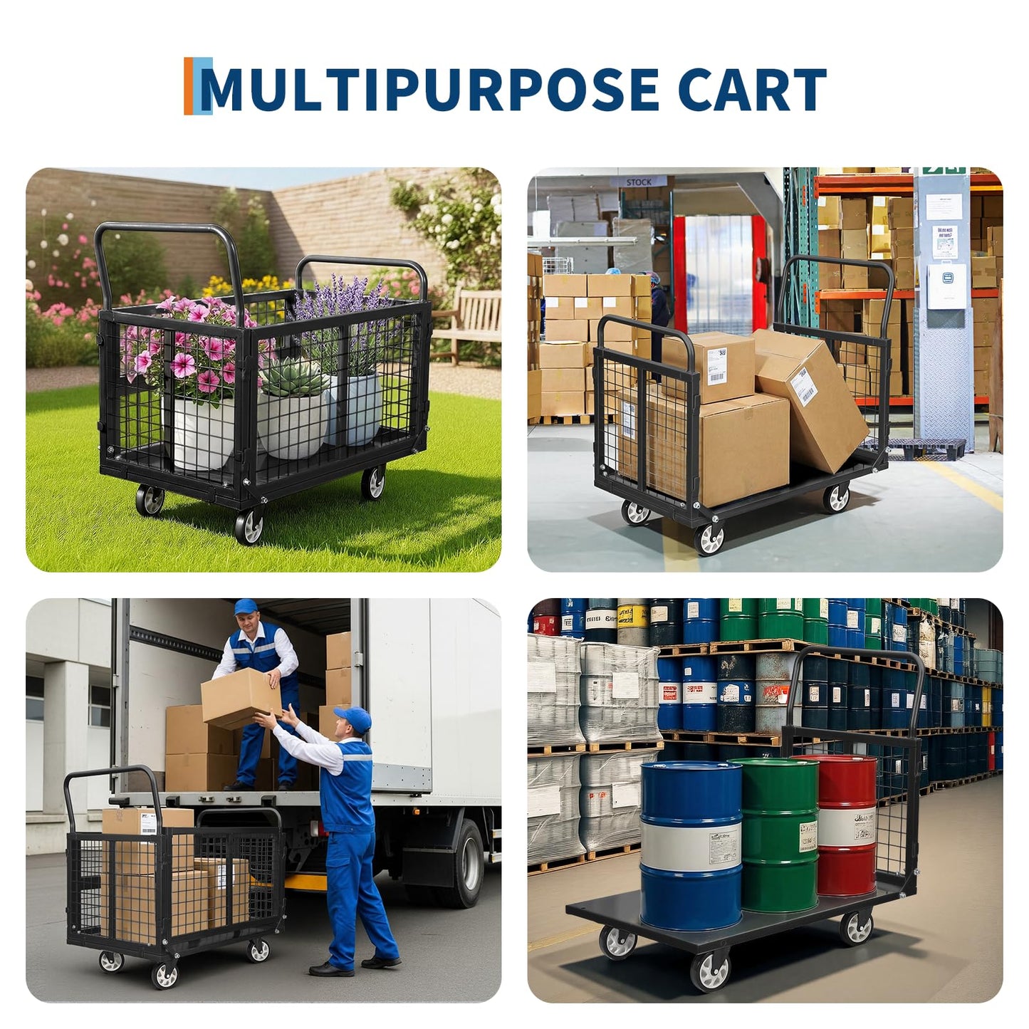 Garvee Heavy Duty Platform Truck Cart with Cage,39 x 24in Hand Moving Cart 2000LBS Capacity Multi-Functional Cage Carts with Basket for Warehouse Luggage Moving,Black