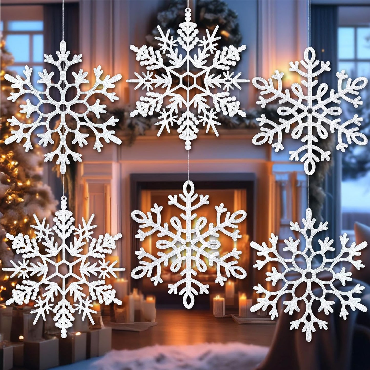 Skiennix 8Pcs Large White Snowflake Ornaments - 12'' Plastic Hanging Decorations for Christmas & Winter Decor