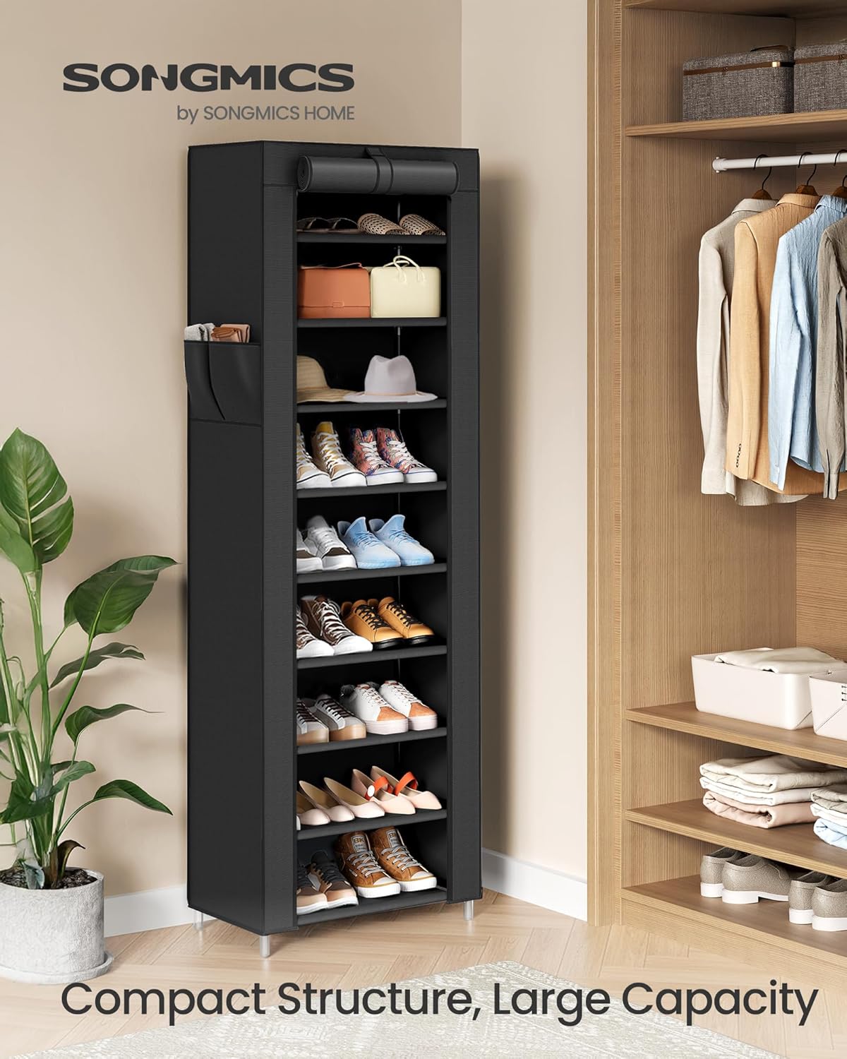 SONGMICS 10-Tier Shoe Rack - Dustproof Shoe Storage Cabinet for 20 Pairs - Black Free-Standing Organizer