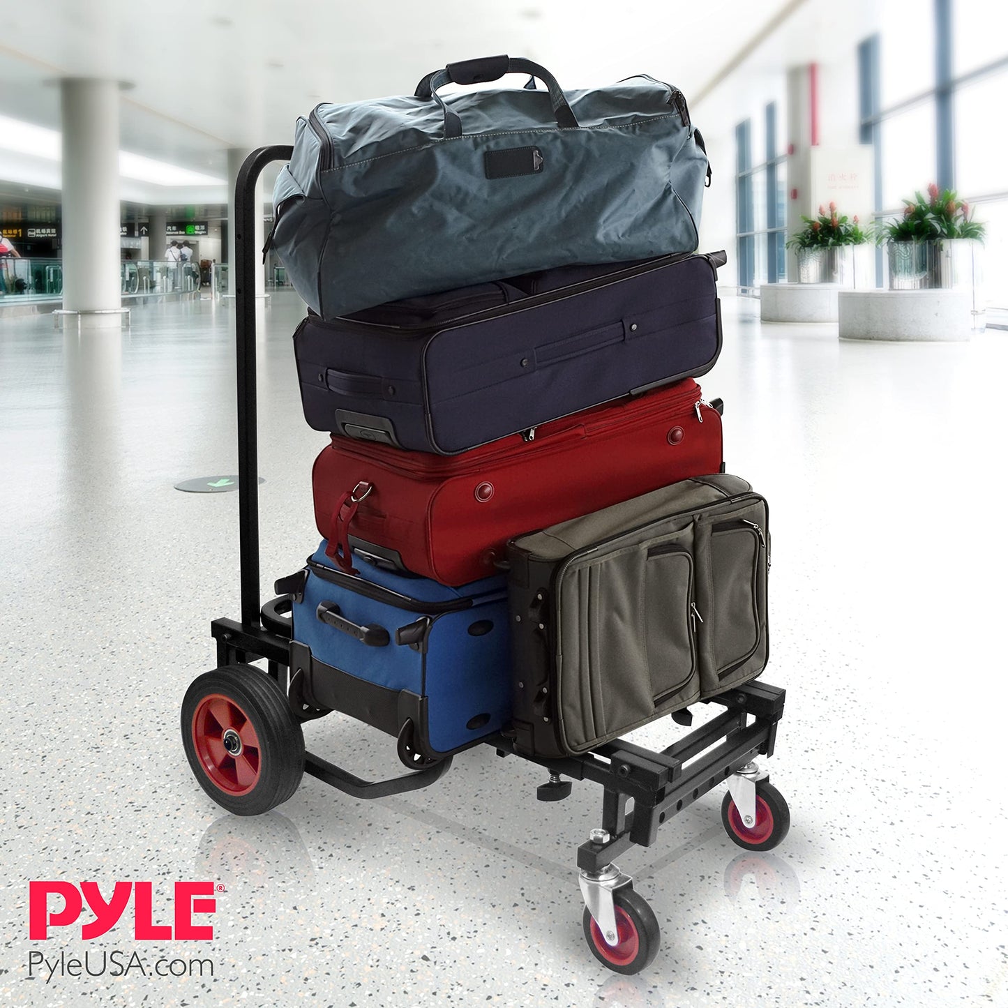Pyle Compact Folding Adjustable Equipment Dolly - Heavy Duty Multi‑Function Convertible Cart Hand Truck/Platform Cart with Wheels - Expandable Up to 25.24" to 40.24" - 200LBS MAX Load Capacity
