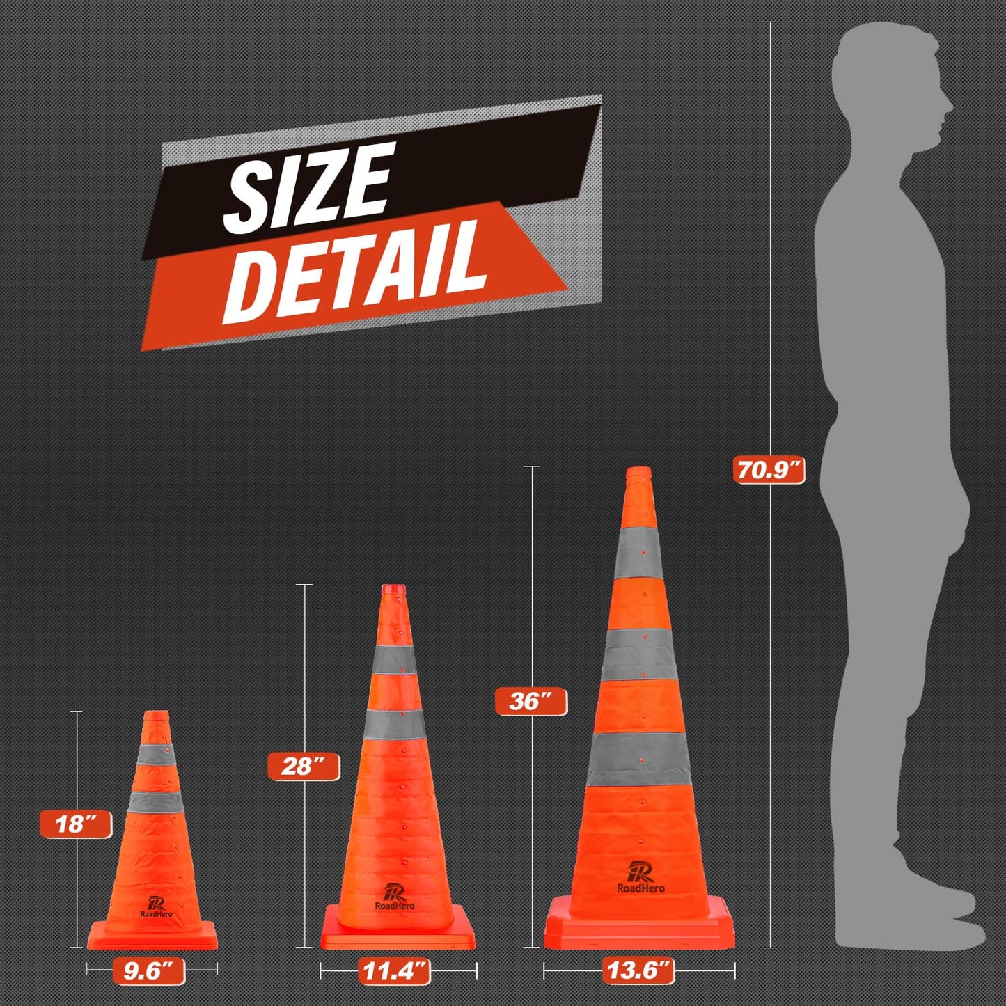 RoadHero 28 Inch 20 Pack Collapsible Traffic Safety Cones, Multi Purpose Pop-up Cones with Reflective Collar for Road Safety, Orange Cones for Driving Training, Parking Lots
