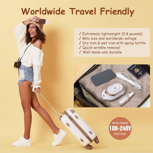 Newbealer Travel Iron - Mini Dry Iron with Global Voltage, 100-240V, 300W, Non-Stick Soleplate (Gold)