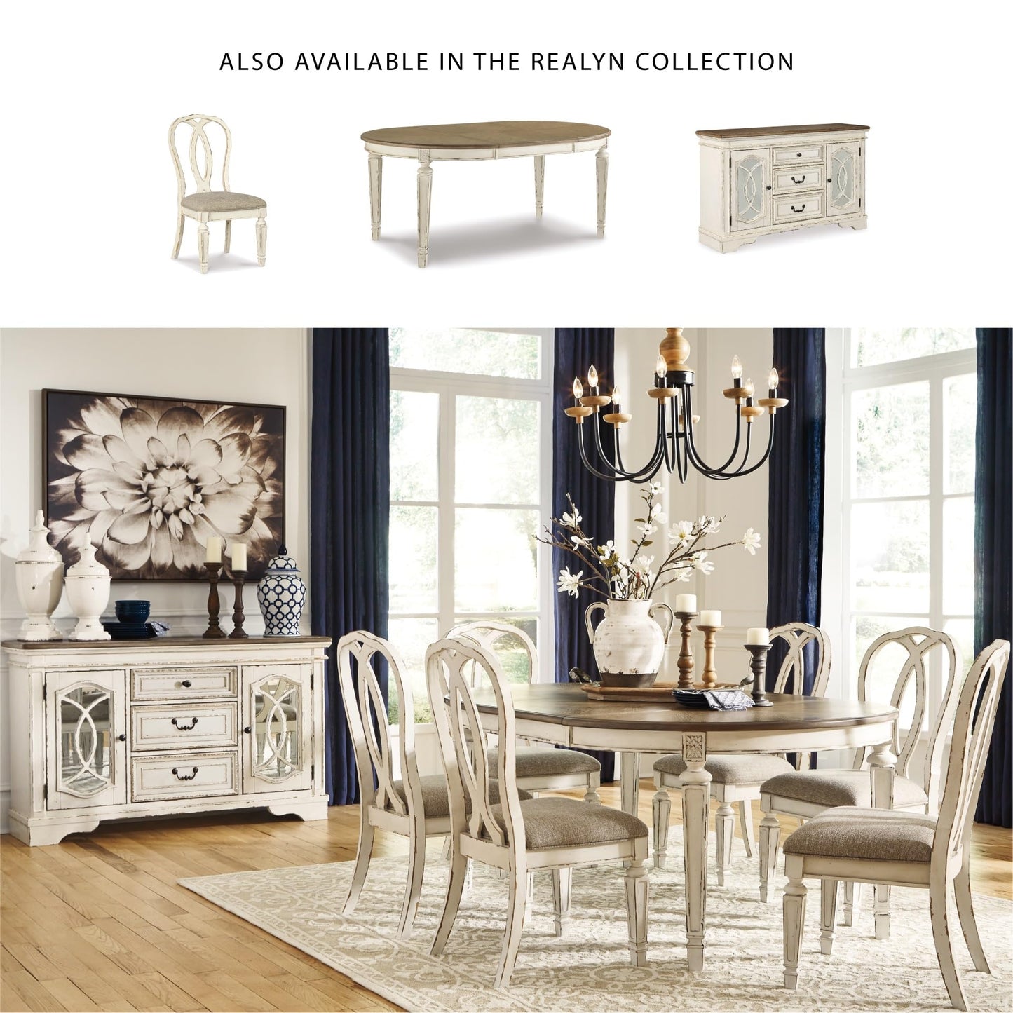 Signature Design by Ashley Realyn French Country Distressed Dining Room Server, 3 Drawers, 2 Cabinet Doors, Wood, 59" W x 17" D x 36.5" H, Chipped White