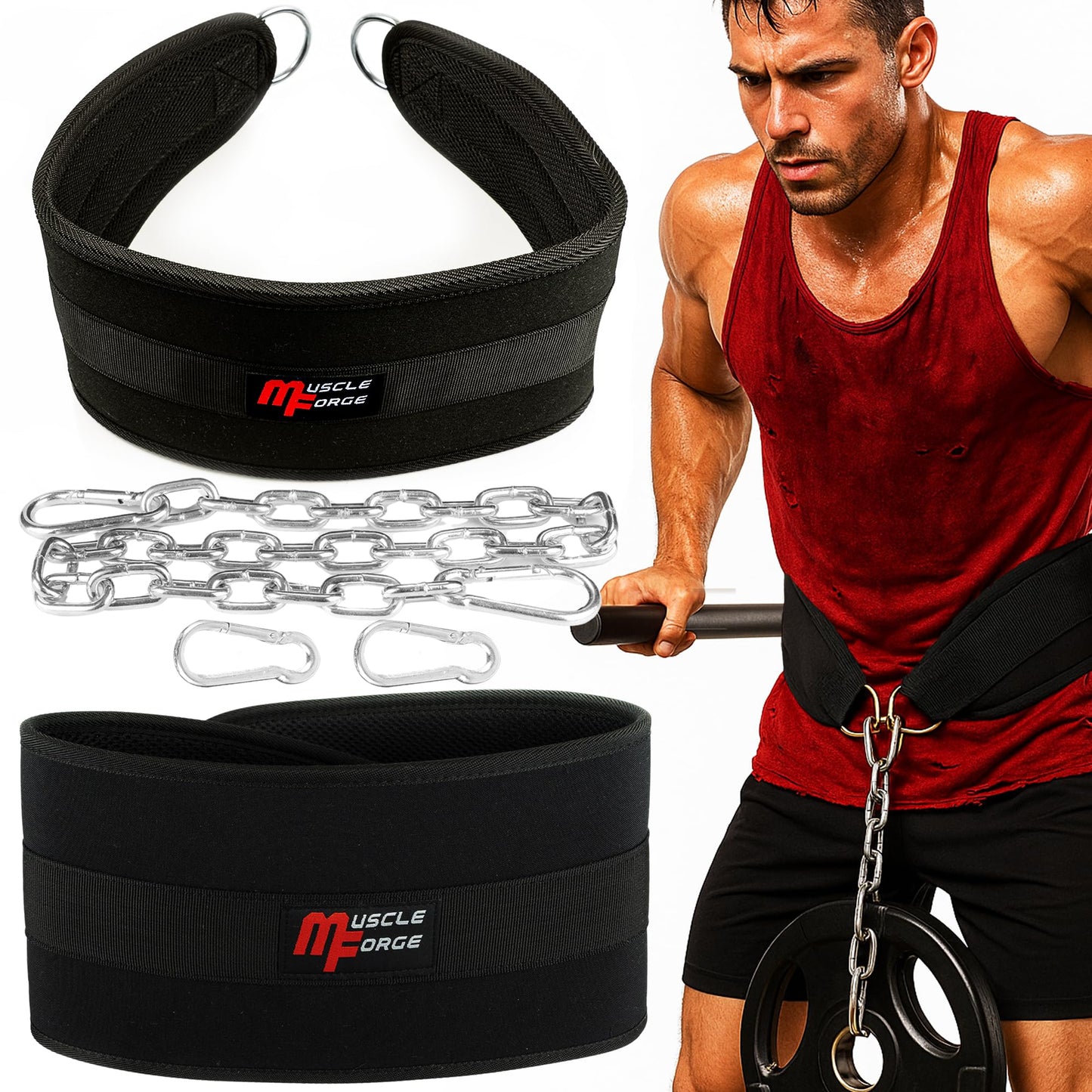 MuscleForge Weighted Dip Belt, Weight Lifting Pull Up Belt up to 530 lbs for Weighted Pullups with Chain and Carabiner, for Men, Strength Training, Bodybuilding