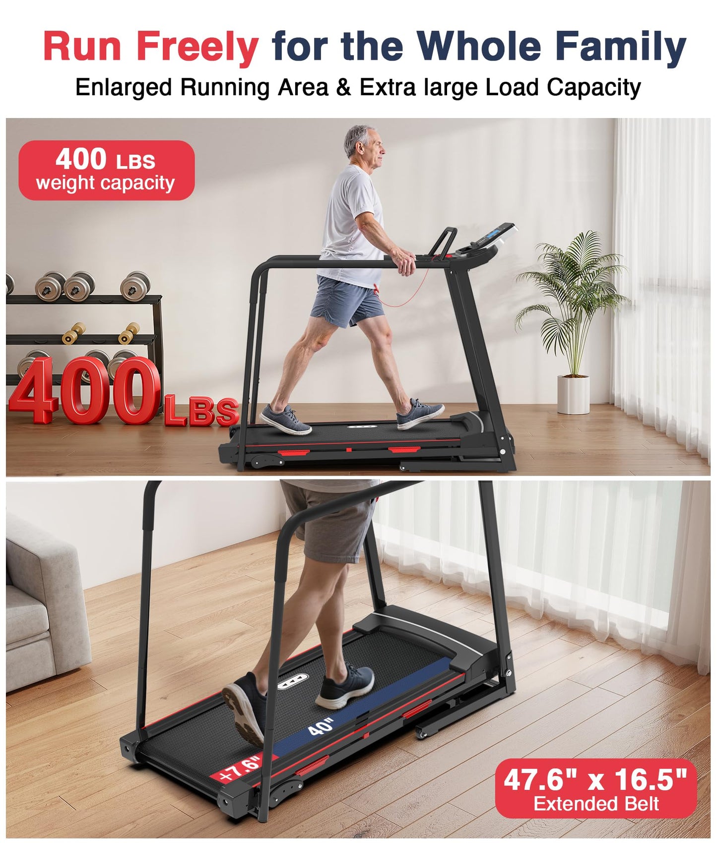 Redliro Walking Treadmill for Seniors Foldable - 400 Lb Capacity Senior Treadmill with Front & Long Handrails, 0%-2% Incline Home Recovery Fitness Exercise Machine for Elder, 47.6" Long Belt, APP