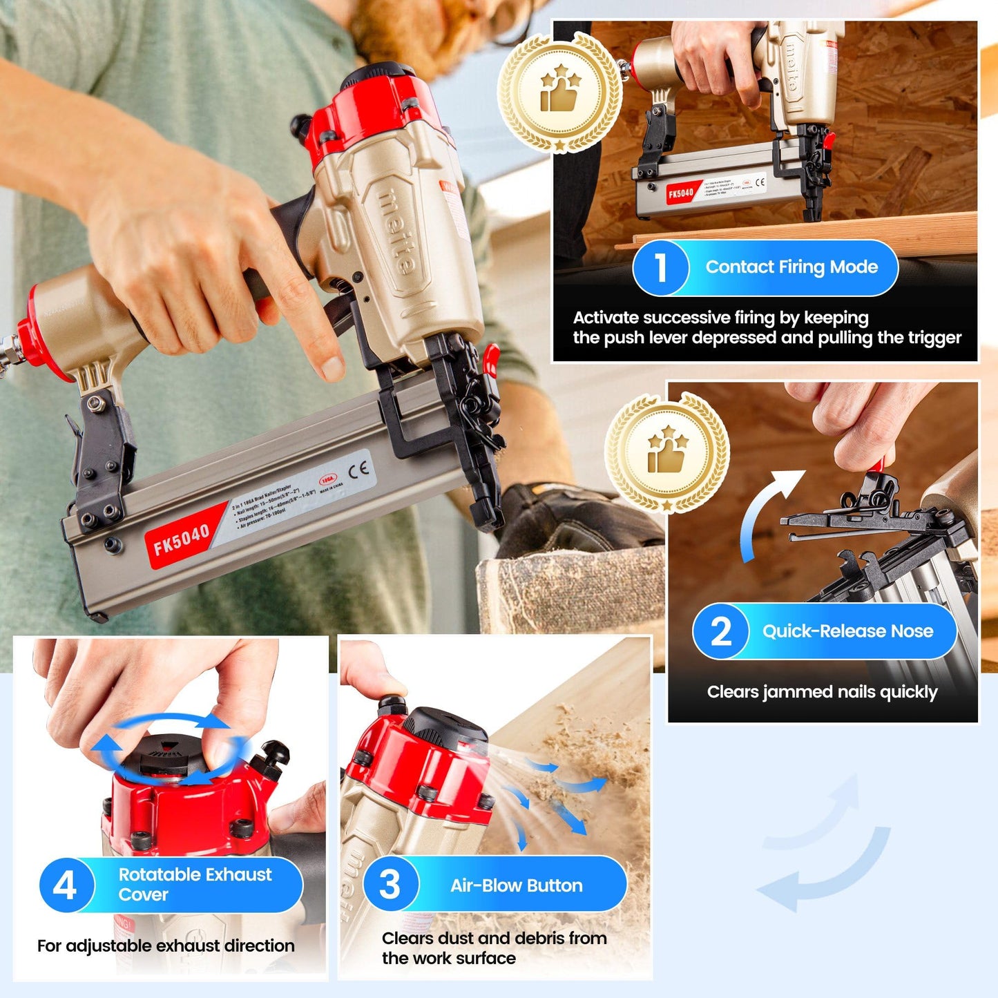 meite 18-Gauge 2-in-1 Nail Gun, Pneumatic Brad Nailer and 1/4-Inch Narrow Crown Pneumatic Staple Gun for Upholstery, Finishing, Molding, and Woodworking (FK5040)