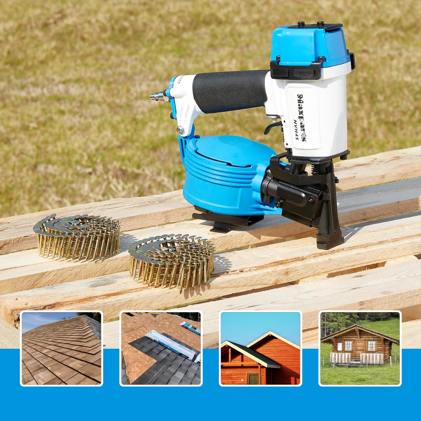Maxparts Roofing Nail Gun NVH45 15 Degree Pistola De Roofing 7/8-Inch to 1-3/4-Inch Round Head Coil Nails for Wooden House Roof Building Light Blue Color