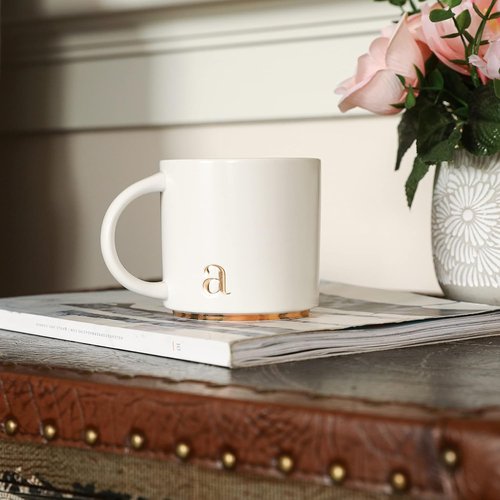 Collective Home Monogram Ceramic Mugs - 15 oz Golden Initial Coffee Cups | Elegant Personalized Gift Box