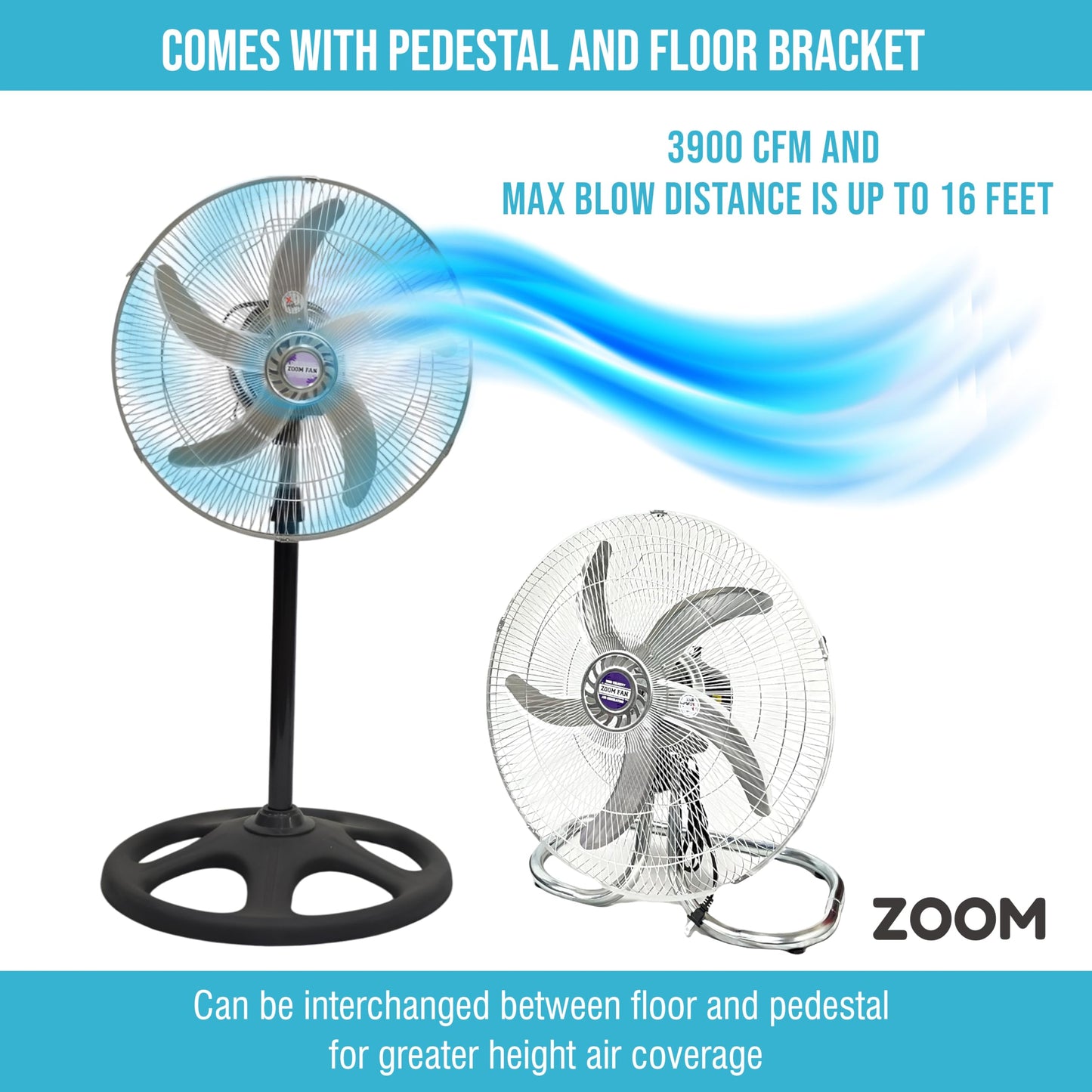 ZOOM 2 Packs 3850CFM 18inch 2in1 Modern Industrial Floor and Stand Fans Aluminum Blades 3 Speeds Oscillation Adjustable Heights for Livingroom, Dining Room, Bedroom, Dorms, Garage and Kitchen