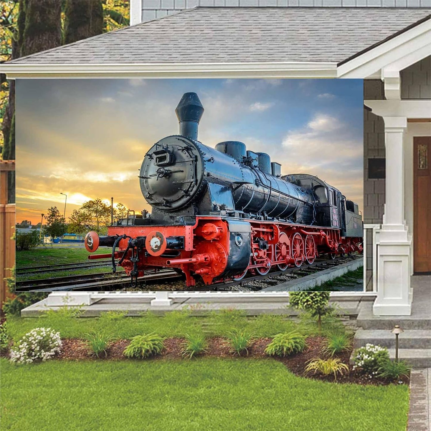 DYNH Sunset Supplies-7x5FT Steam Train Backdrop,Railroad Tracks Railway Photo Background,Train Banner,School Bulletin