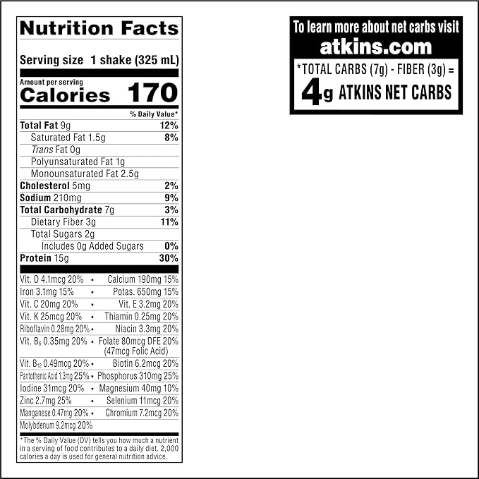 Atkins Chocolate Banana Protein Shake, 15g Protein, Low Glycemic, 4g Net Carb, 2g Sugar, Keto Friendly, 12 Count