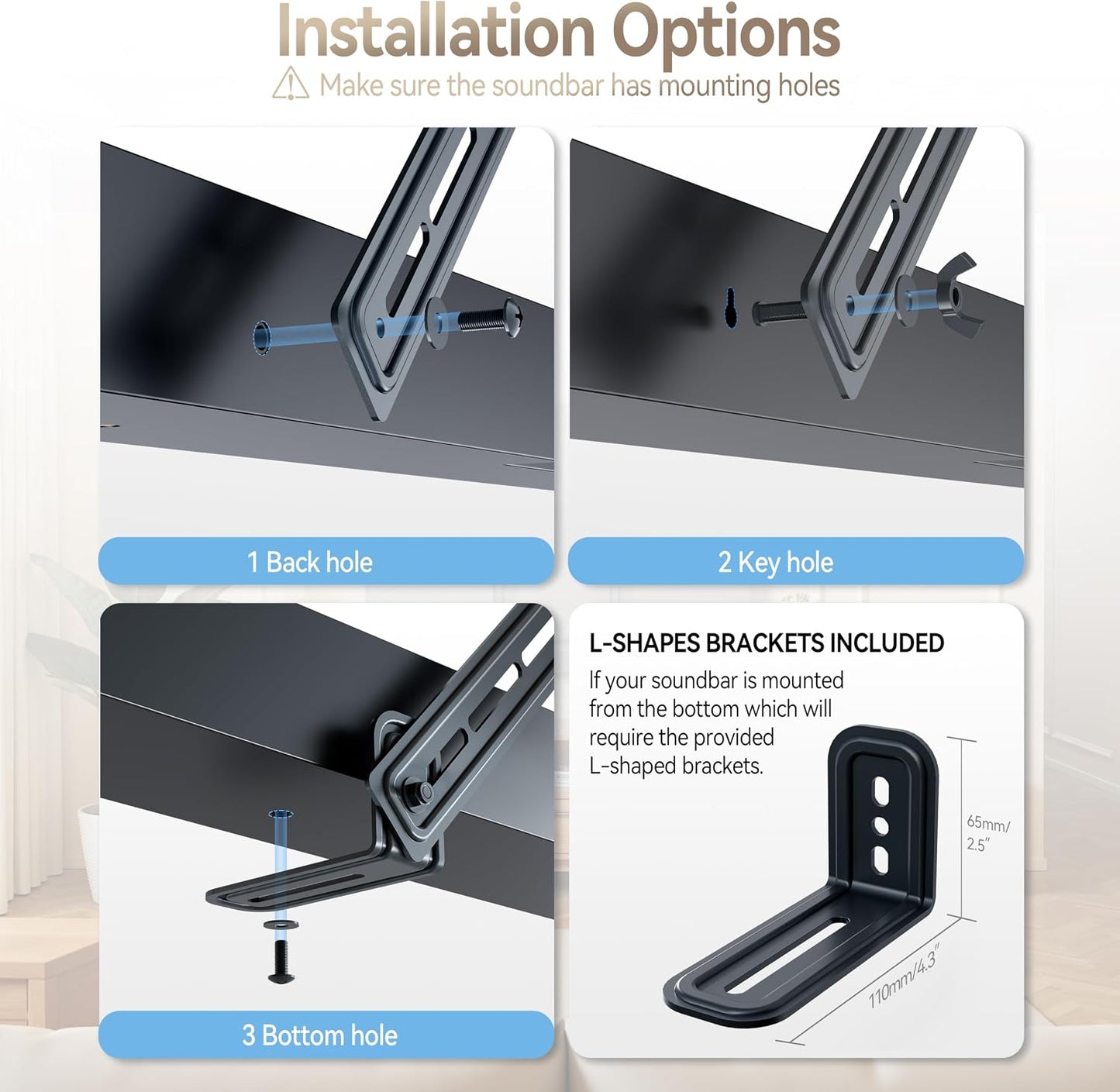 C YECEN 22Lbs, Sound Bar Mounts Under TV or Above TV, Soundbar Mount Hold Up to with Detachable Extension Arms