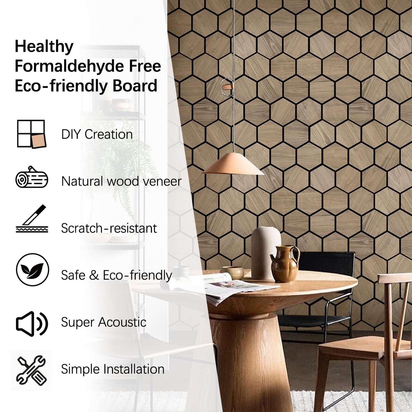 ARMURO Wall Paneling for Interior Wall - 4 PCS Hexagon Wall Panels - Hexagon Acoustic Panels - Natural Walnut Wood Veneer Sound Proof Panels for Walls, Wood Slat Wall Panel 23.8" W x 29" L