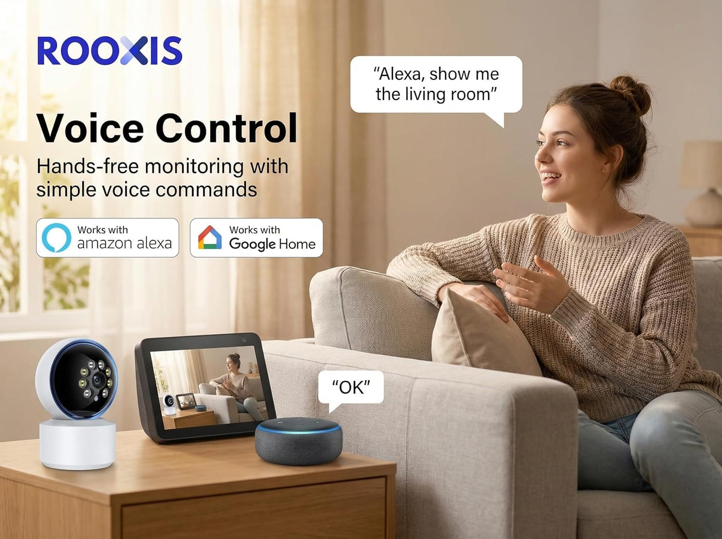 Rooxis 2K 360 2-Way Indoor Security Camera Wireless PTZ, WiFi Baby & Pet Monitor with Motion Detection & Auto Tracking