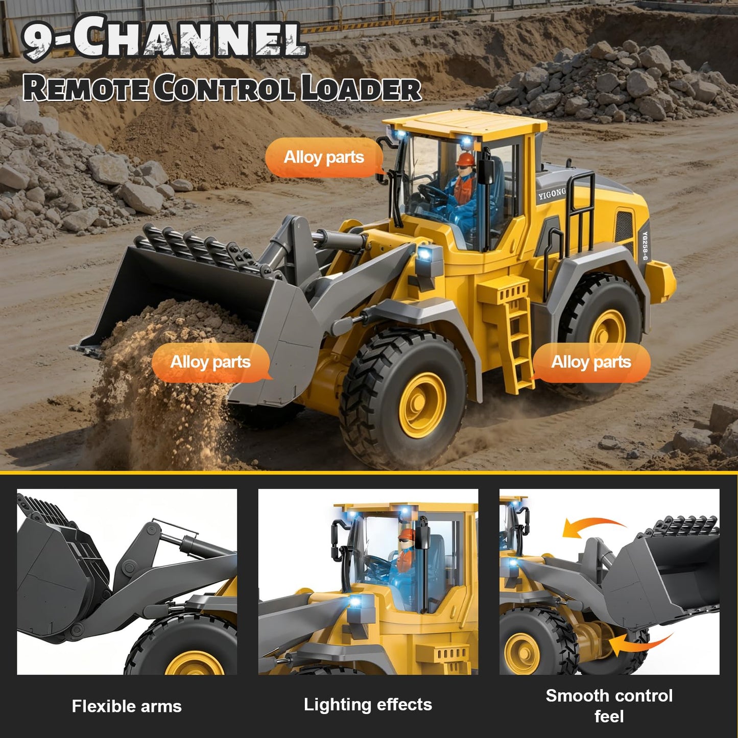 ADTHLIER Remote Control Excavator (11-Channel), Dump Truck, Bulldozer, Loader (9-Channel), 2.4GHz Remote Control Construction Vehicles, Metal Construction, with Cool Lights and Sound Effects, 4-Pcs