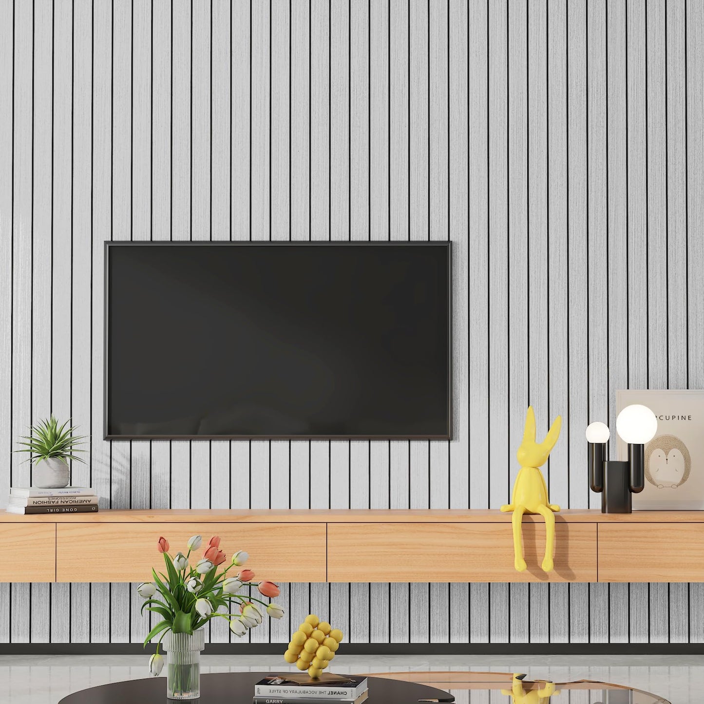 Yenhome 3D Textured Wood Slat Wall Panels, Soundproof Acoustic Panels for Interior Walls & Ceilings, Self-Adhesive Foam Panel with Grayish White Wood Modern Decor Office Home Theater Studio 12"X118"
